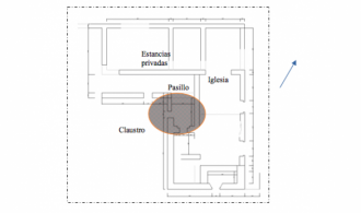 Croquis de los restos visibles de las estructuras del conjunto conventual de Santiago de Moncalvo. Se marca la zona de intervención de la primera campaña (junio 2019)